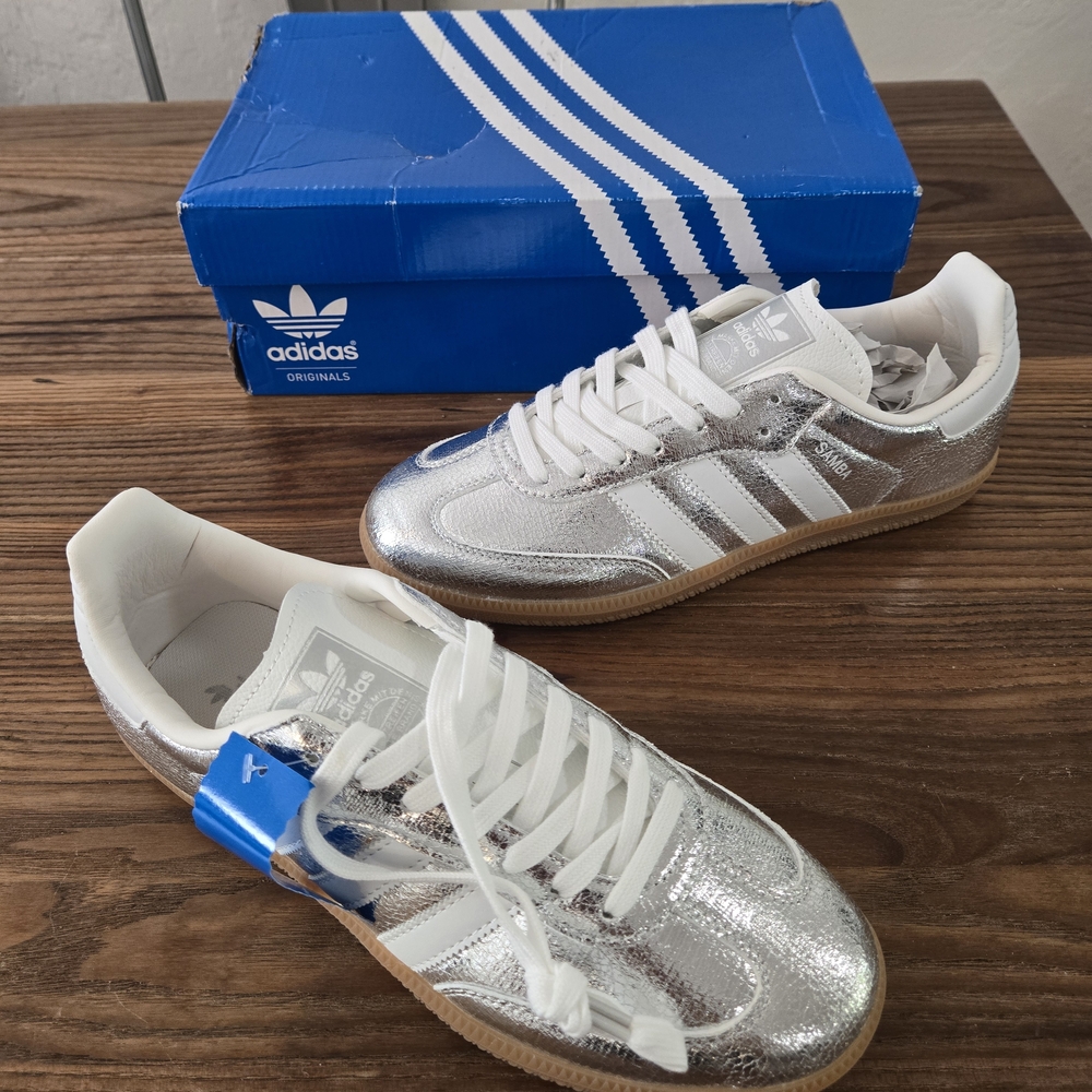 adidas Silver Metallic Leather Sneakers with Gum Sole - Picture 5 of 12